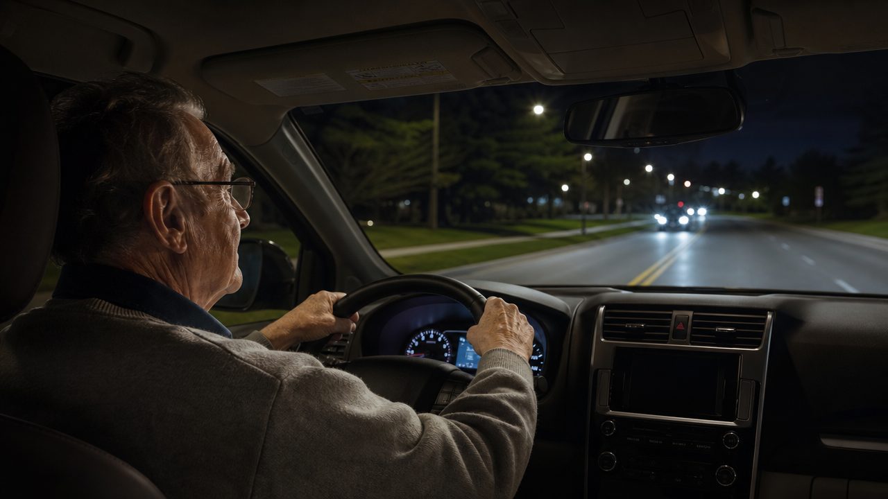 Man in his seventies driving at night with crisp headlights and streetlights, illustrating night vision after cataract surgery