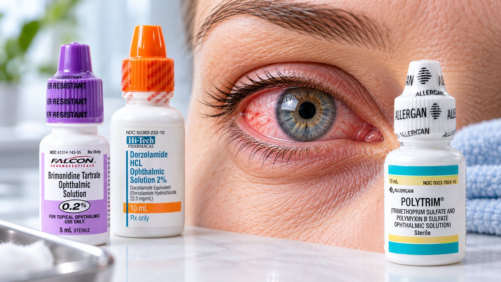 Primer plano de un ojo rojo e irritado detrás de tres frascos de gotas oftálmicas recetadas, incluidas una gota para glaucoma y una antibiótica, que representan las gotas que pueden empeorar el ojo seco