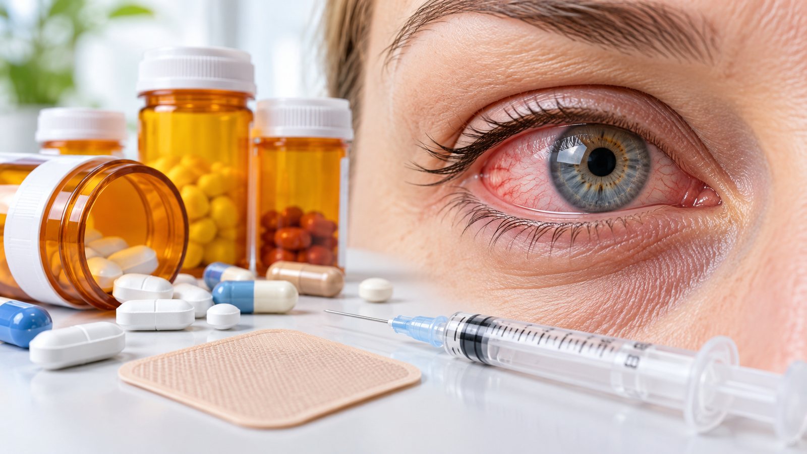 Primer plano de un ojo rojo e irritado junto a frascos de medicamentos, cápsulas, un parche medicinal y una jeringa, que representan los medicamentos que pueden causar ojo seco