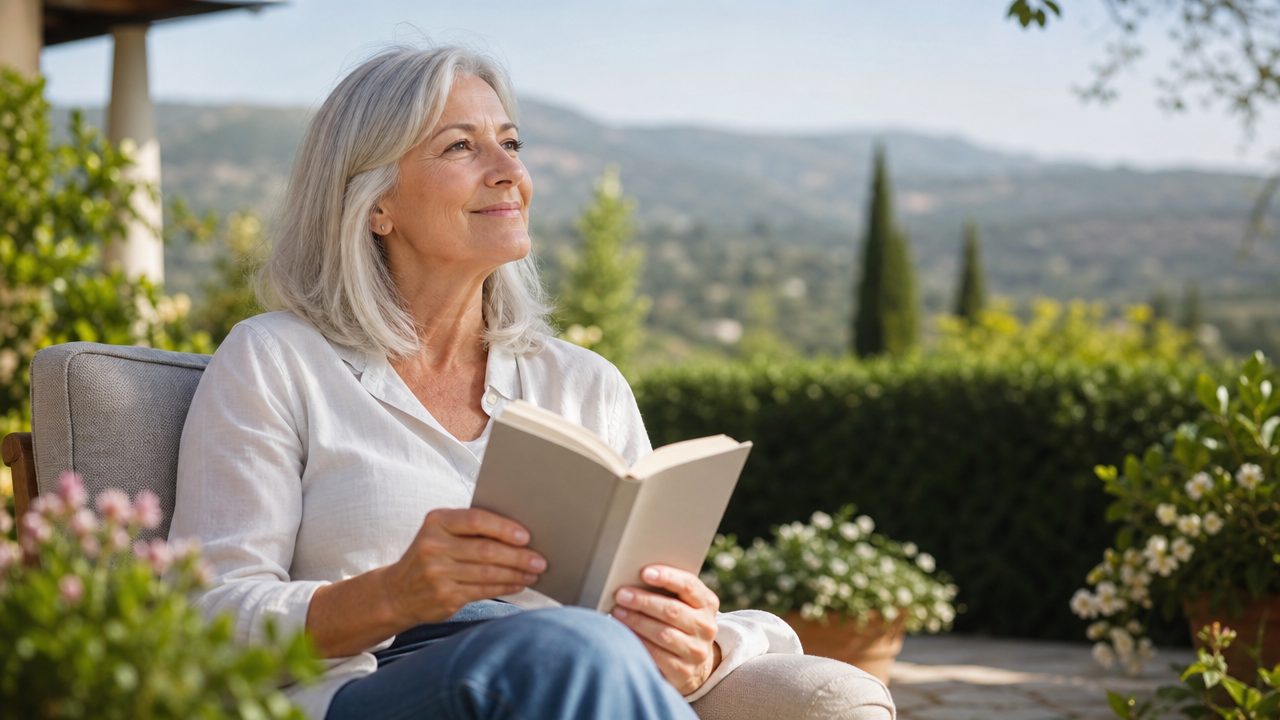 Woman in her sixties reading a book on a patio and glancing up at the hills, illustrating near and distance vision after cataract surgery