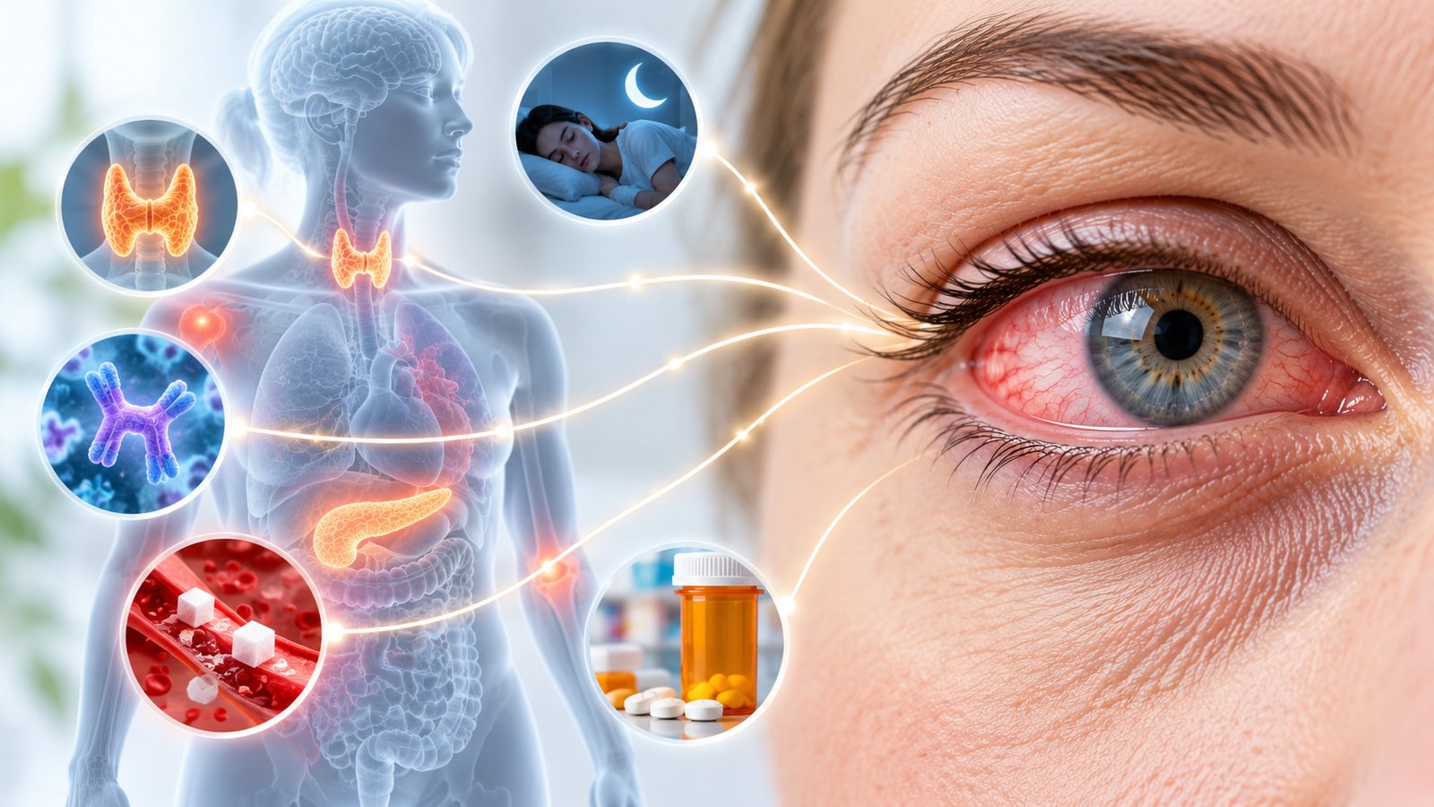 Primer plano de un ojo rojo e irritado conectado por líneas luminosas a un diagrama del cuerpo con recuadros de la tiroides, enfermedad autoinmune, azúcar en la sangre, mal sueño y medicamentos recetados, que representan las condiciones sistémicas vinculadas al ojo seco