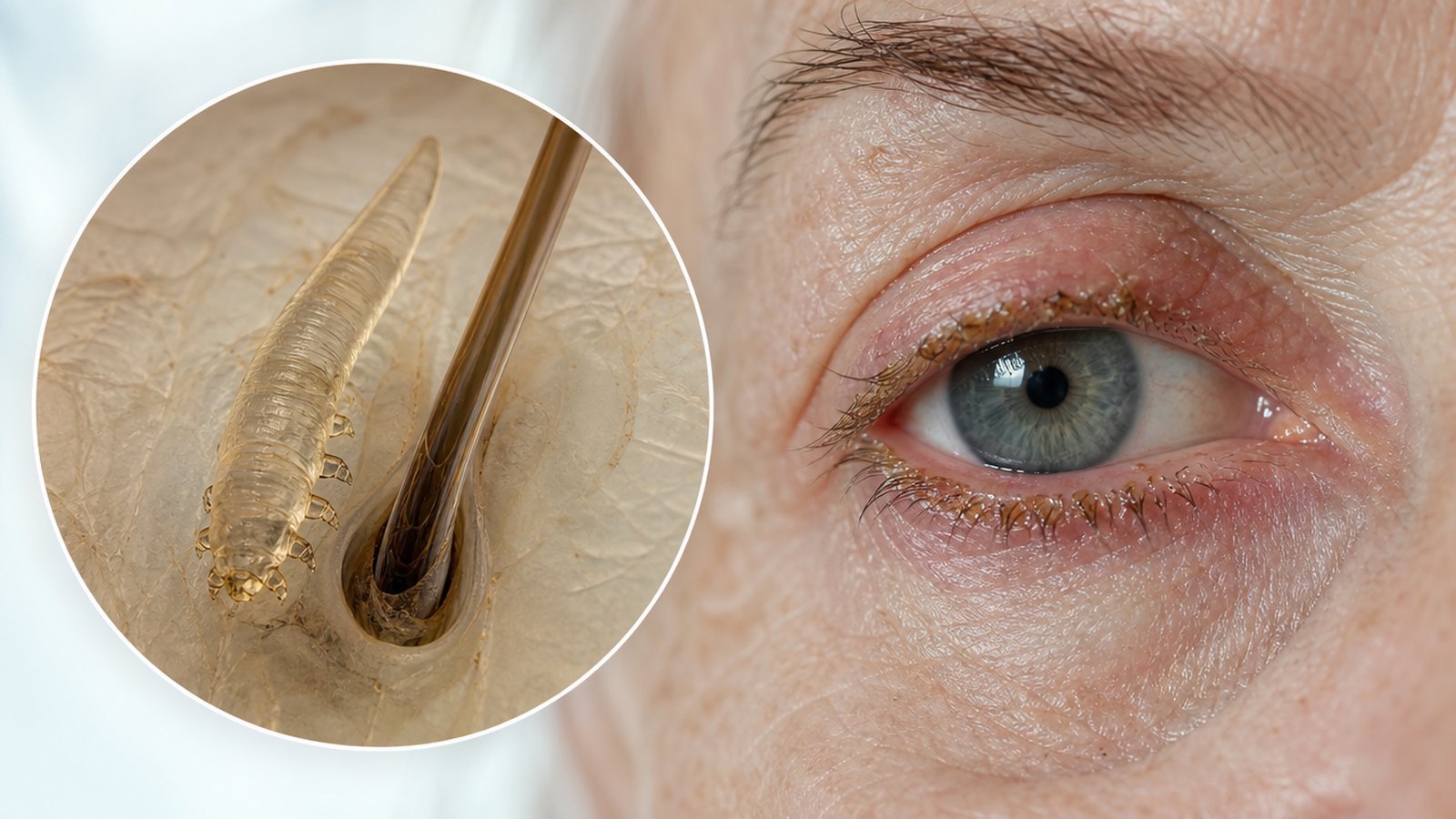 Primer plano de un párpado con blefaritis por Demodex que muestra bordes enrojecidos con costras y collaretes en la base de las pestañas, junto a una vista ampliada de un ácaro Demodex en un folículo de pestaña