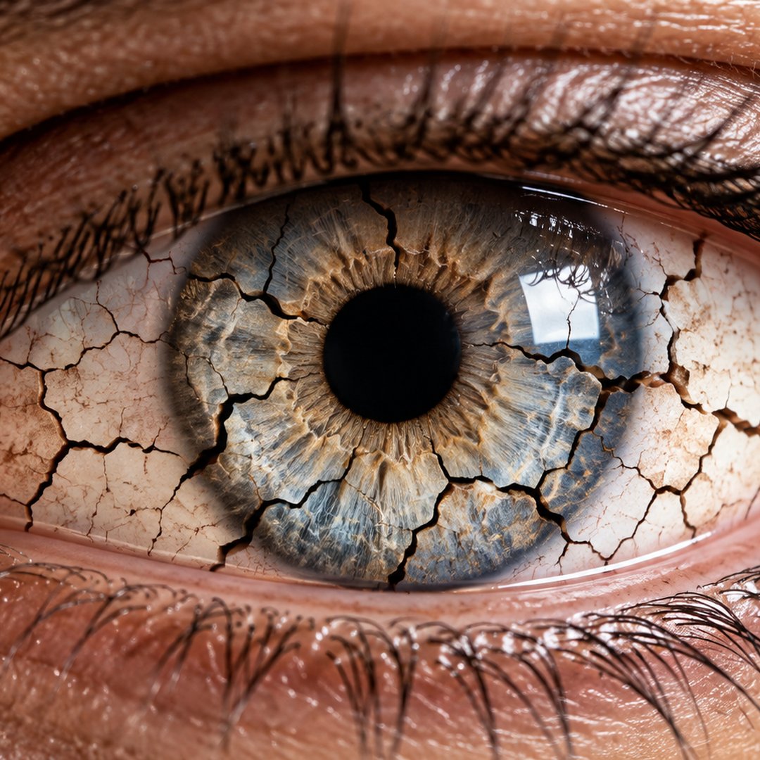 Primer plano extremo de un ojo seco con la superficie representada como tierra agrietada y reseca, que ilustra la ruptura de la película lagrimal que se trata en el Centro de Ojo Seco