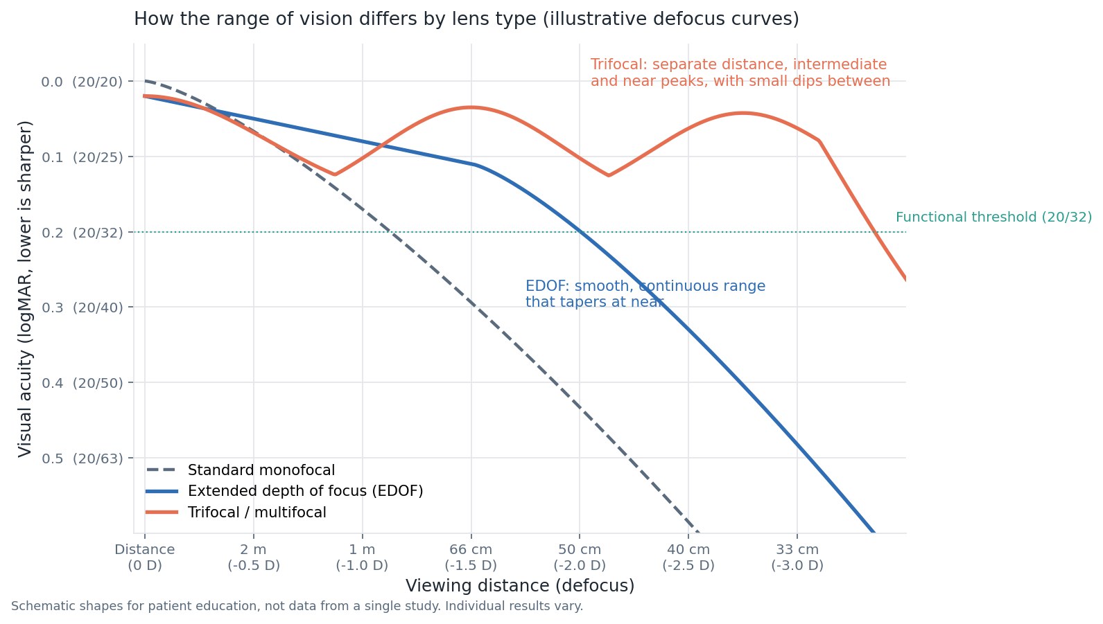 Illustrative defocus curves showing a monofocal lens falling off quickly, an EDOF lens with a smooth continuous range that tapers at near, and a trifocal lens with separate distance, intermediate and near peaks