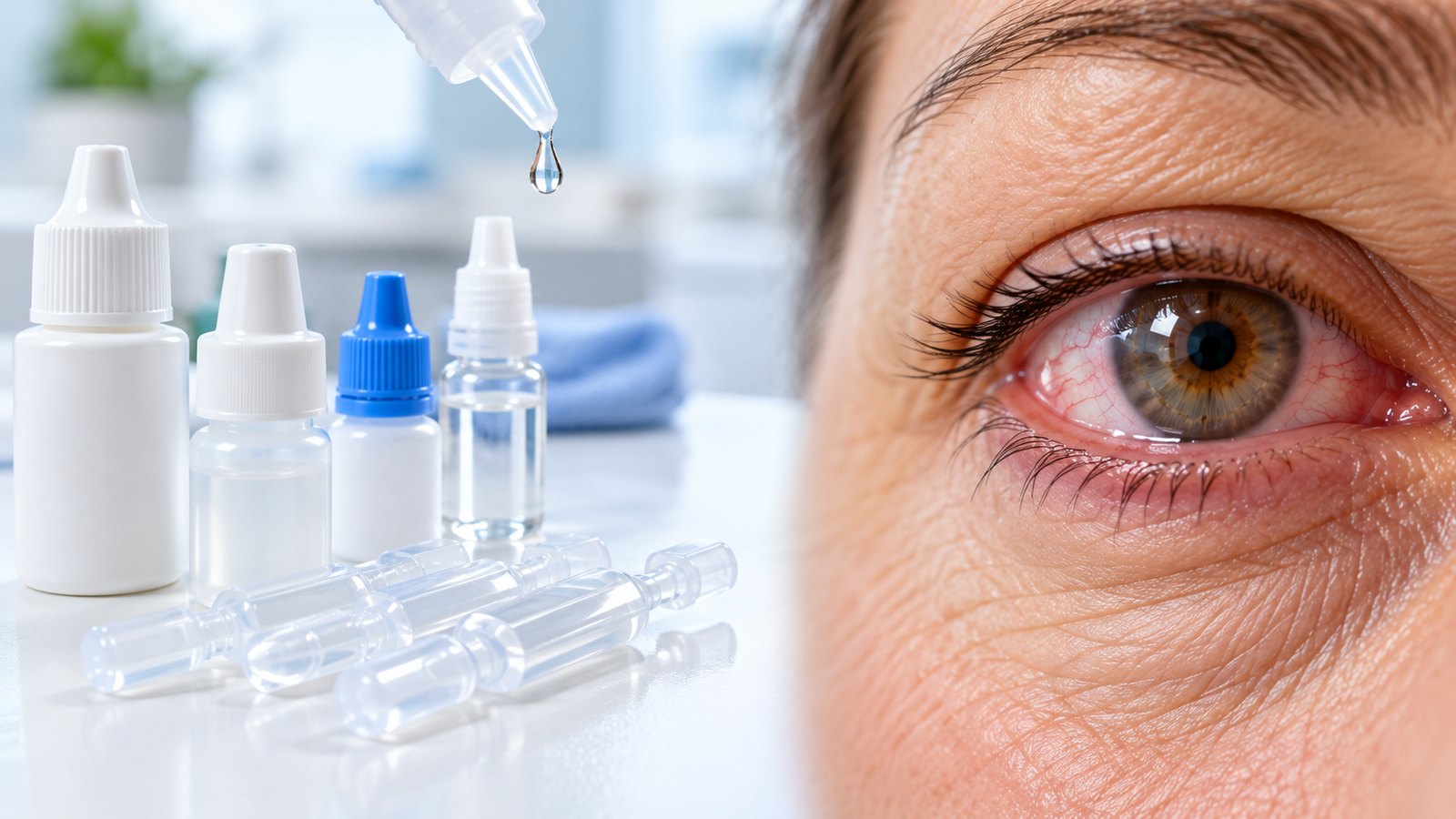 Unbranded preservative-free vials and eye drop bottles beside a close-up of a mildly red, dry adult eye