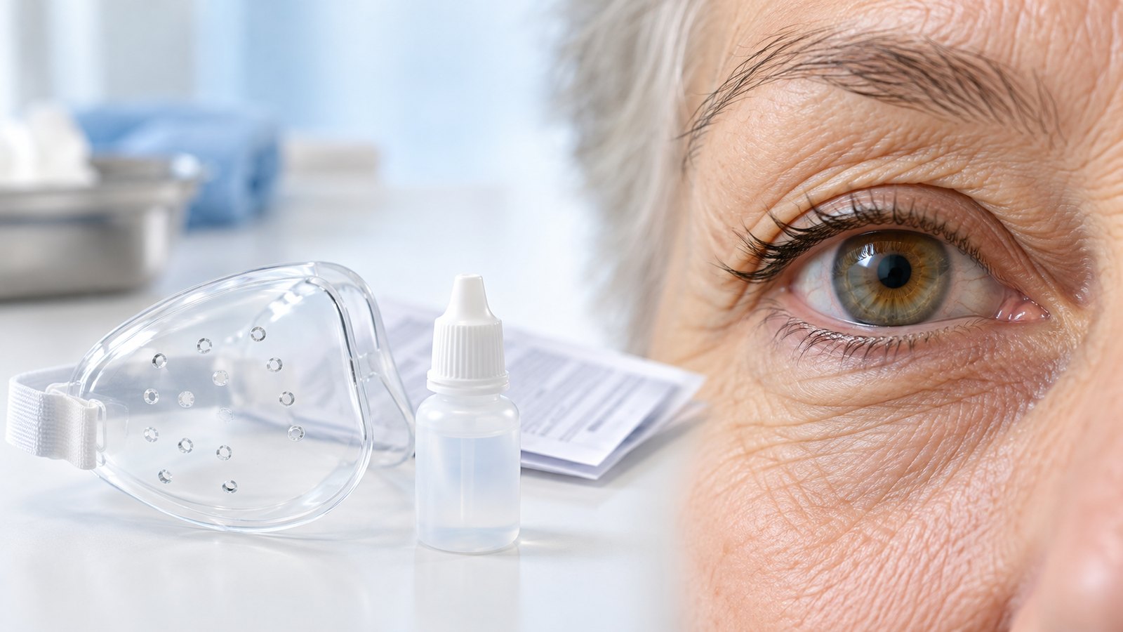 Protector ocular y gotas para los ojos junto a un primer plano de un ojo sano de un adulto mayor después de la cirugía de cataratas