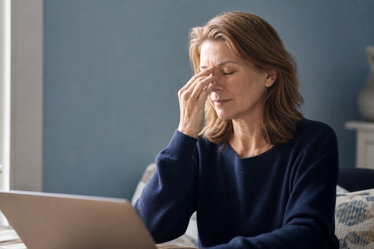Mujer de unos cincuenta años sentada junto a una ventana con los ojos cerrados, descansando los ojos secos y cansados después de trabajar en una computadora portátil