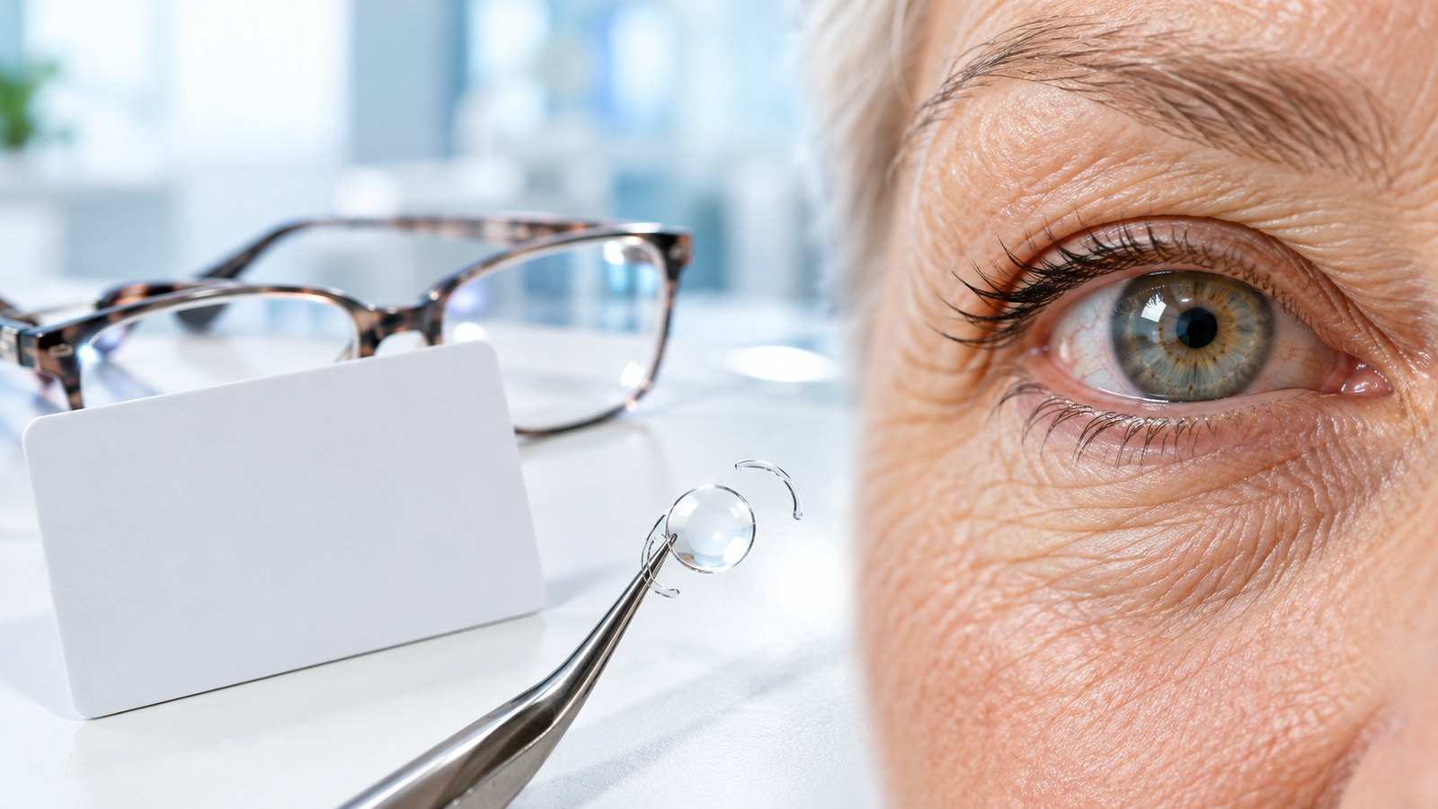 Blank insurance card, reading glasses and an intraocular lens implant in forceps beside a close-up of a healthy older adult eye