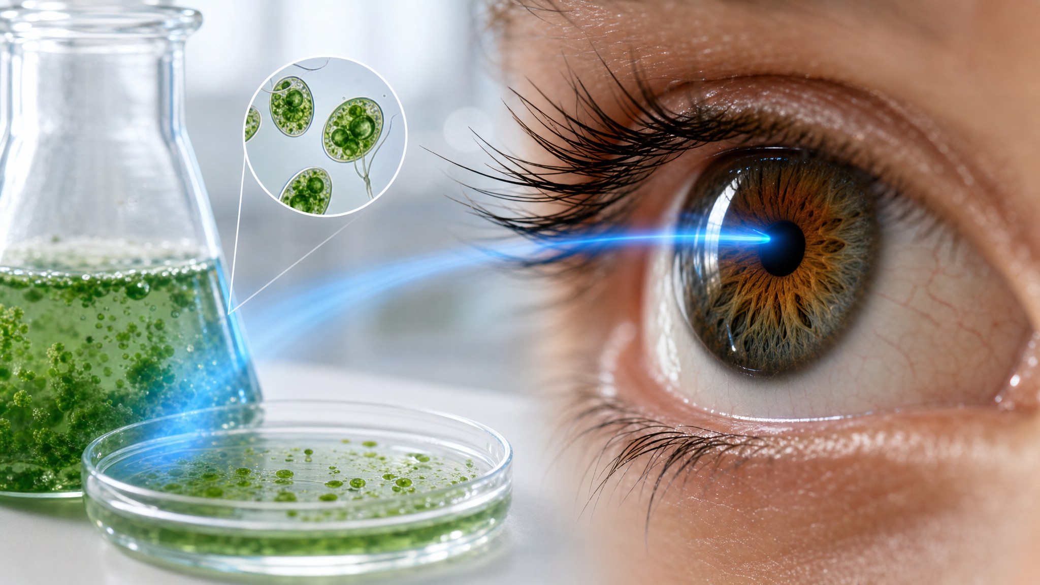 Close-up of a human eye with a beam of blue light entering the pupil, beside a laboratory flask and dish of green algae, representing the light-sensitive algae proteins used in optogenetics