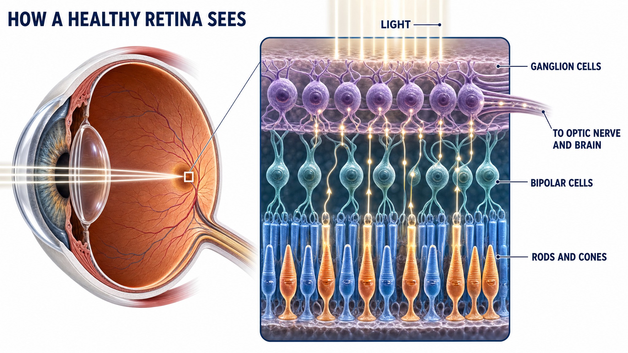 Illustration of a cutaway eye with light focused on the macula, and a magnified view of the retina showing light passing through ganglion cells and bipolar cells to reach the rods and cones, with signals traveling back up toward the optic nerve and brain
