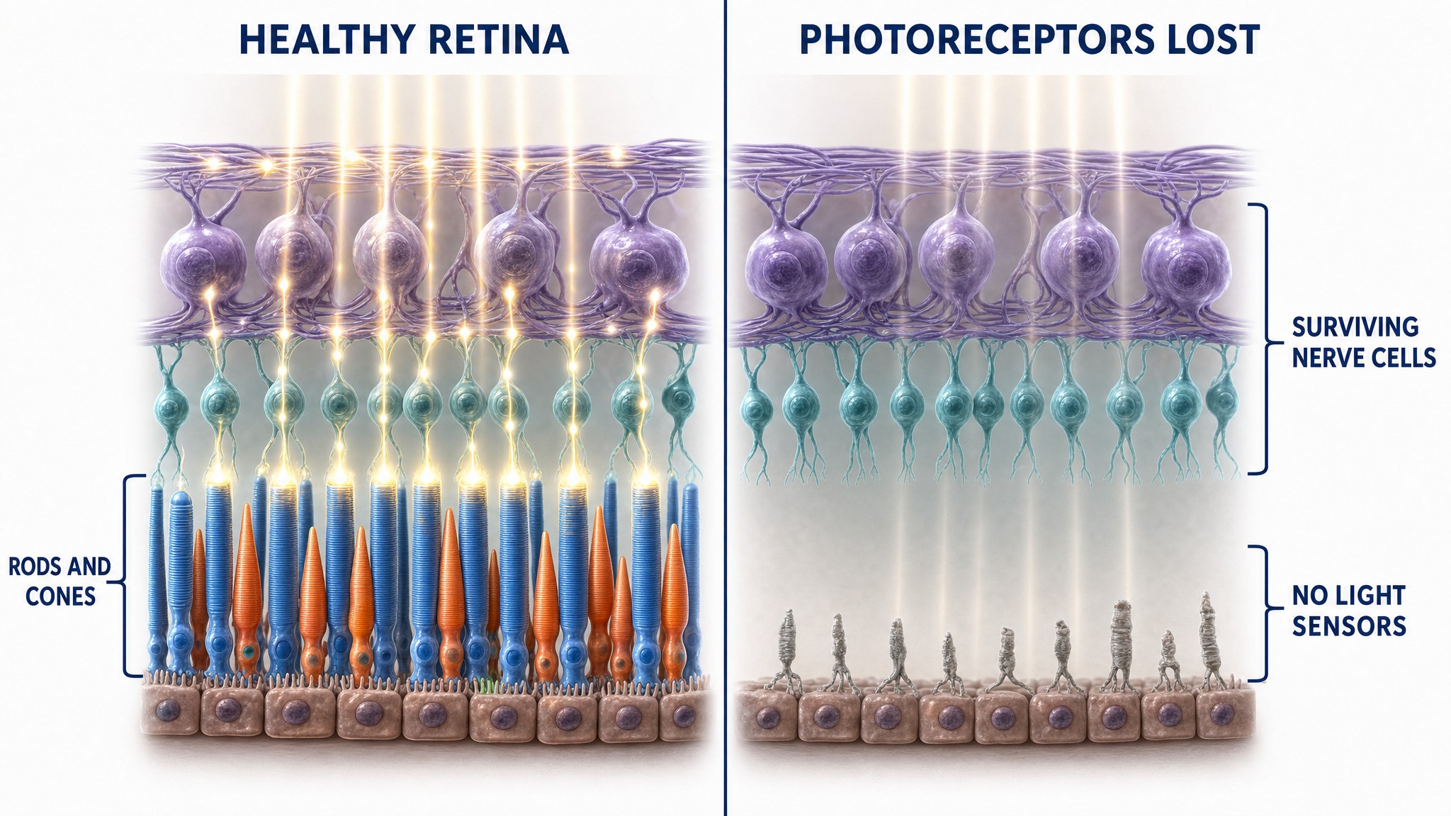 Side-by-side illustration of the retina. On the left, a healthy retina with rods and cones sending signals upward. On the right, the rods and cones are gone, the surviving nerve cells above them are intact but silent, and incoming light has nothing to detect it