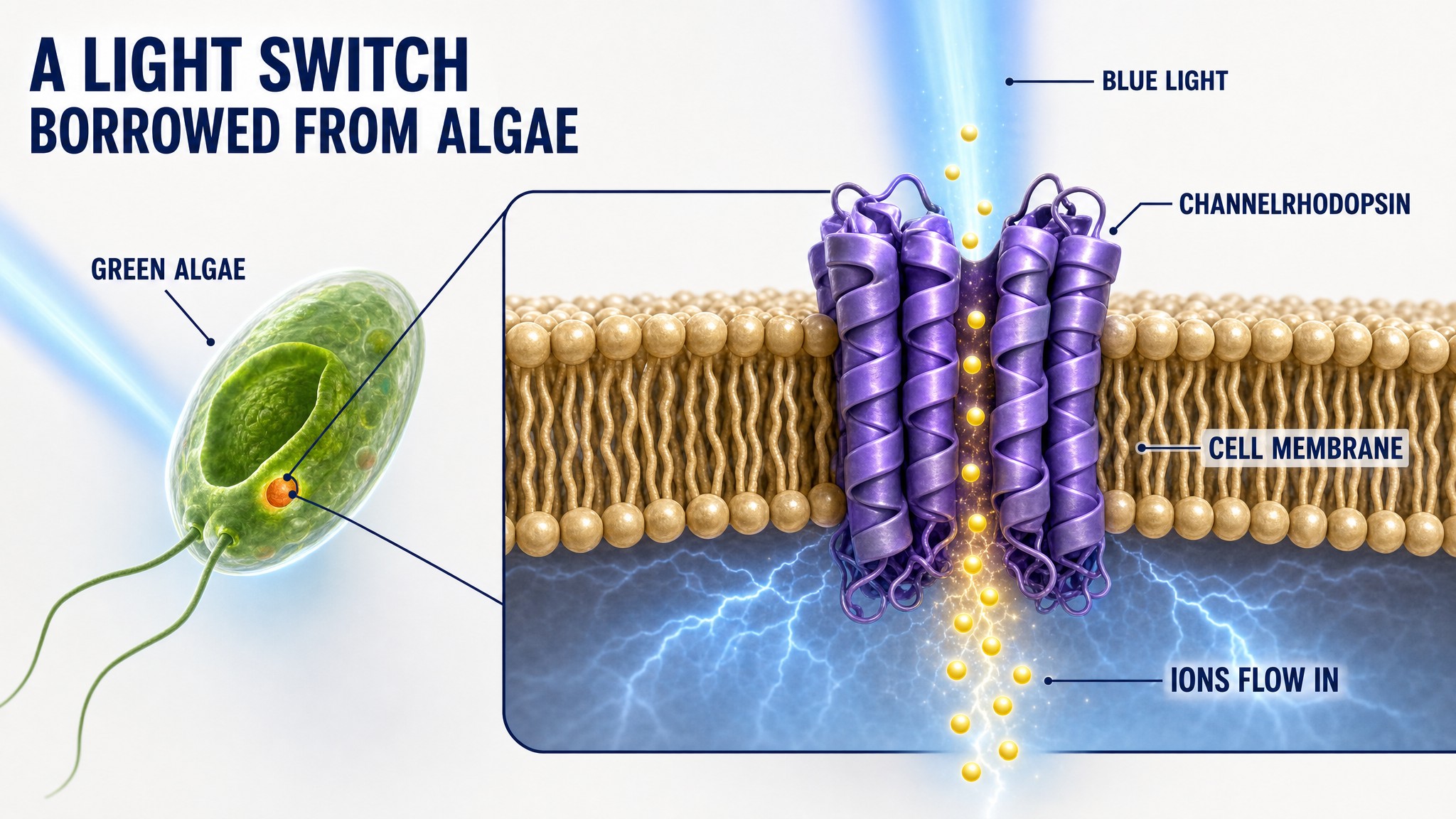 Illustration of a single-celled green alga with its light-sensing eyespot, and a magnified view of a channelrhodopsin protein embedded in a cell membrane. Blue light opens the channel and charged ions flow into the cell