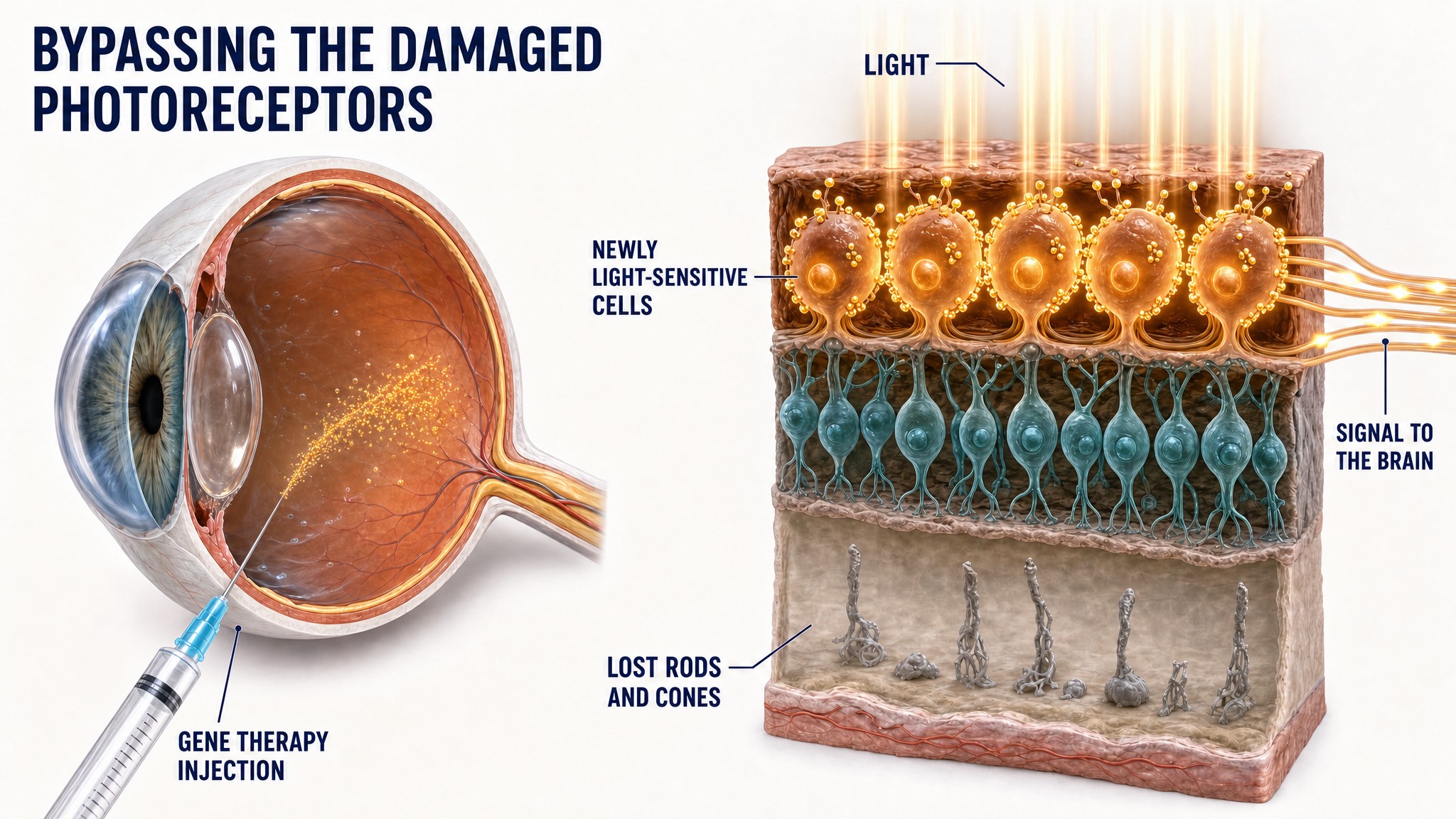 Illustration of a gene therapy injection into the gel of the eye, and a magnified view of a retina that has lost its rods and cones. The surviving ganglion cells have become light-sensitive, glow in response to light, and send signals toward the brain
