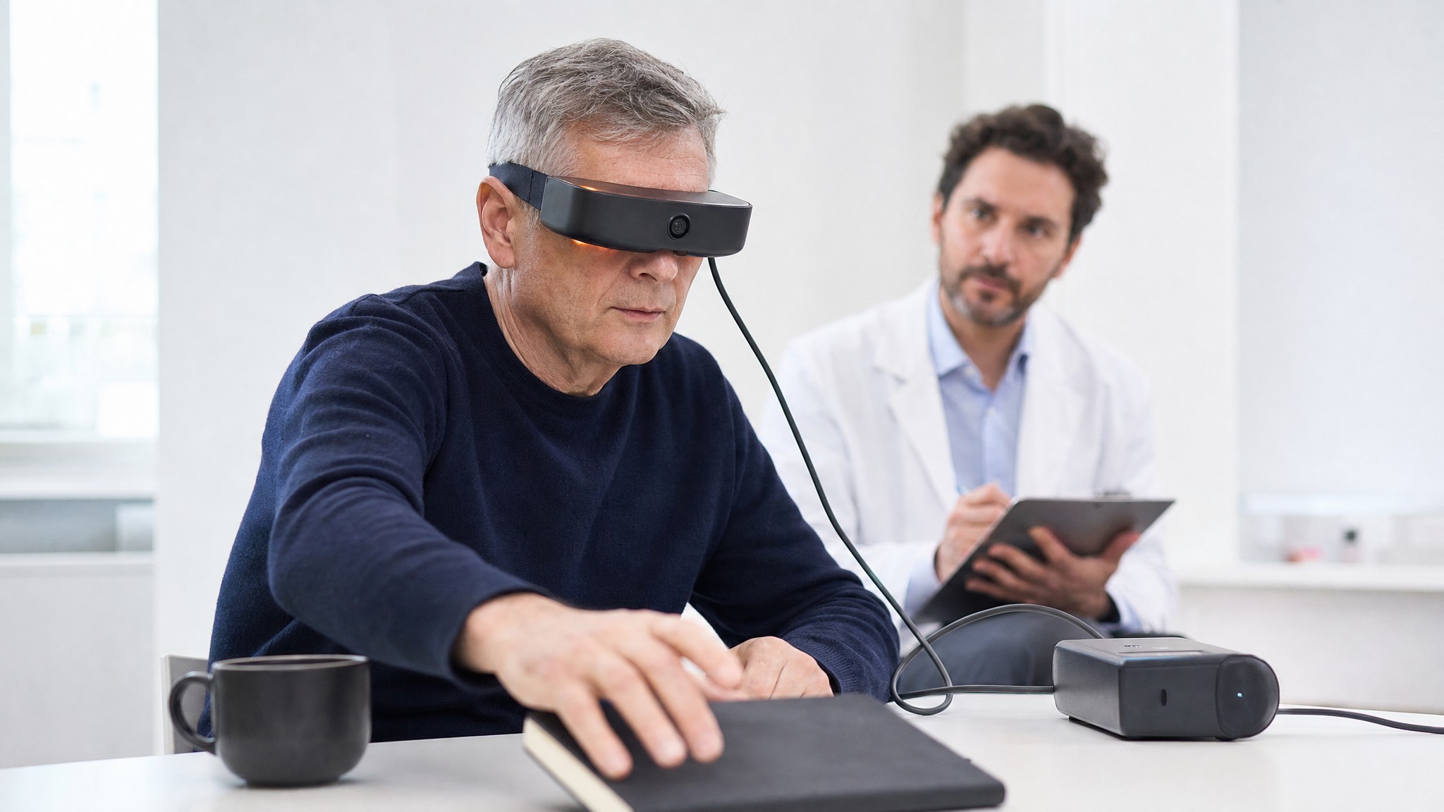 Illustration of a man wearing camera-equipped research goggles connected to a small processing unit, reaching toward a notebook on a table while a researcher observes