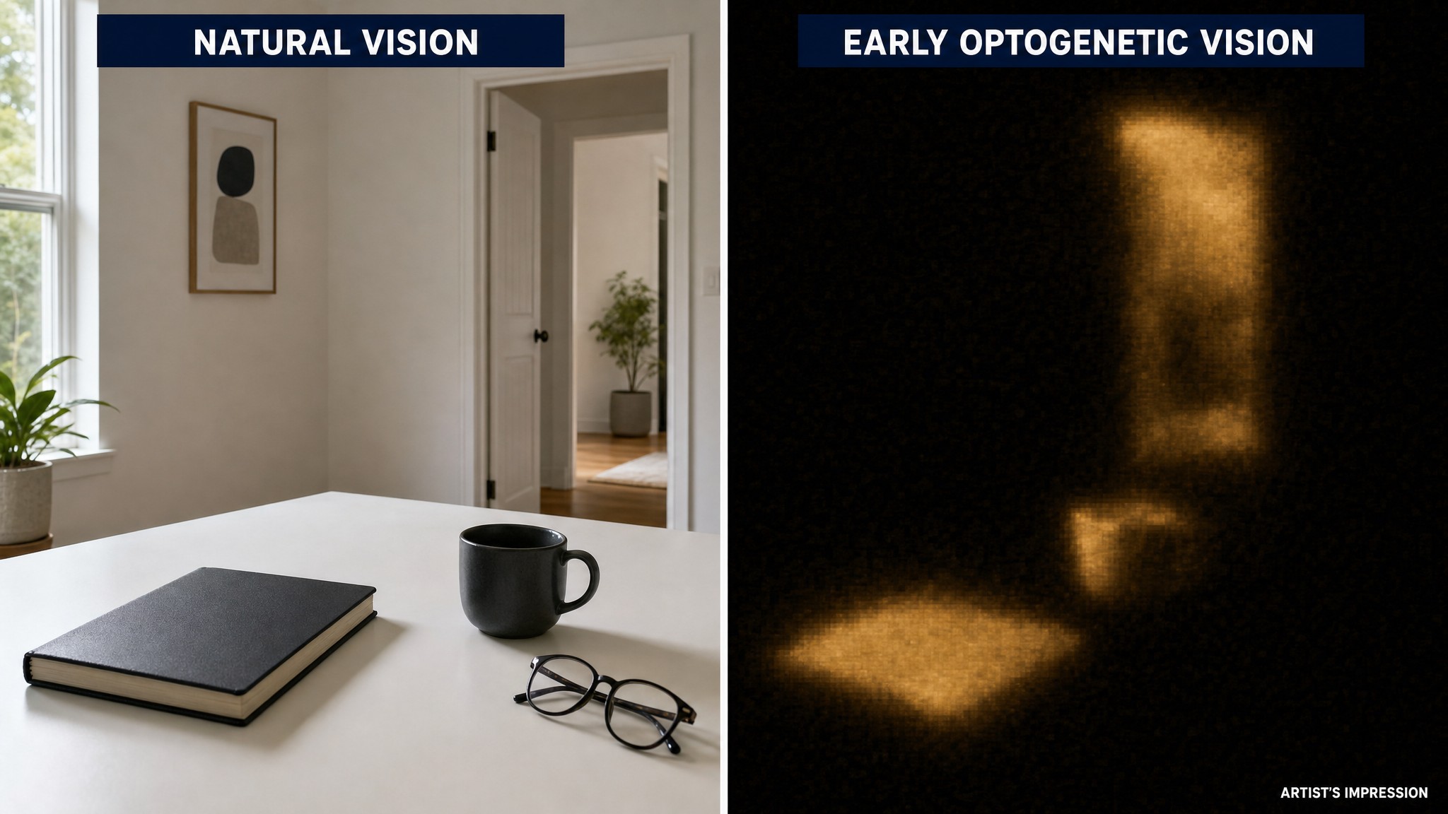 Split image. On the left, a sharp full-color view of a table with a notebook, a cup and eyeglasses and a doorway behind. On the right, the same scene shown as dim, blurry amber shapes on a dark background, an artist's impression of the limited vision early optogenetic treatment may provide