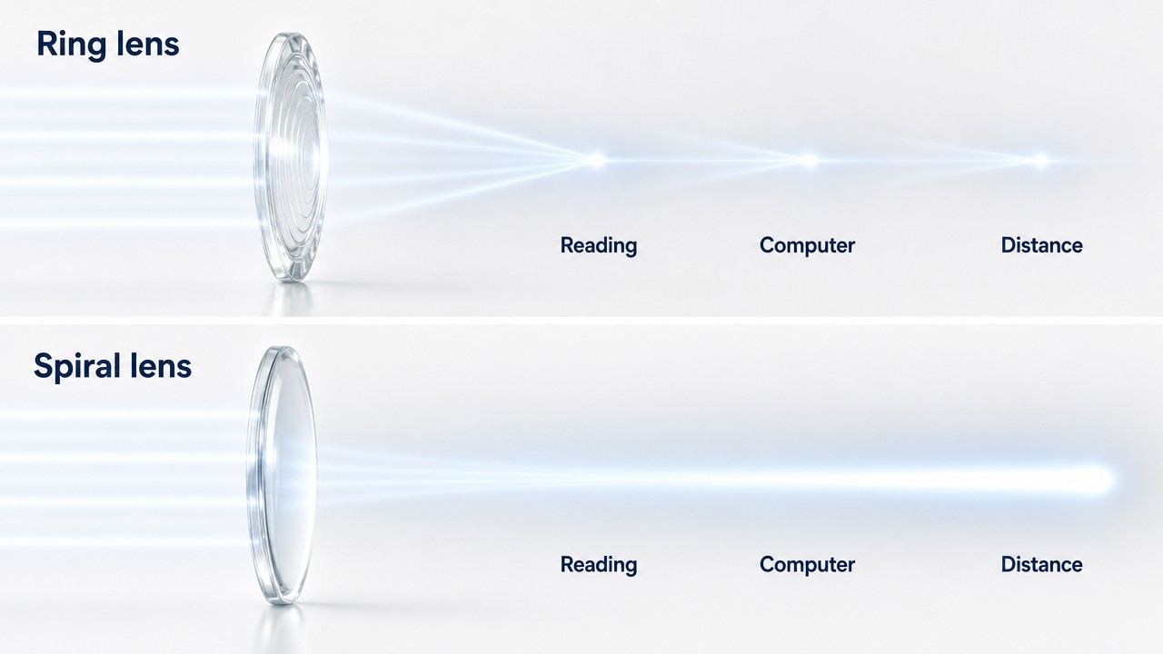 Illustration of light passing through two lenses: the ring lens brings light to three separate points labeled Reading, Computer and Distance, and the spiral lens spreads light along one continuous band across the same three distances